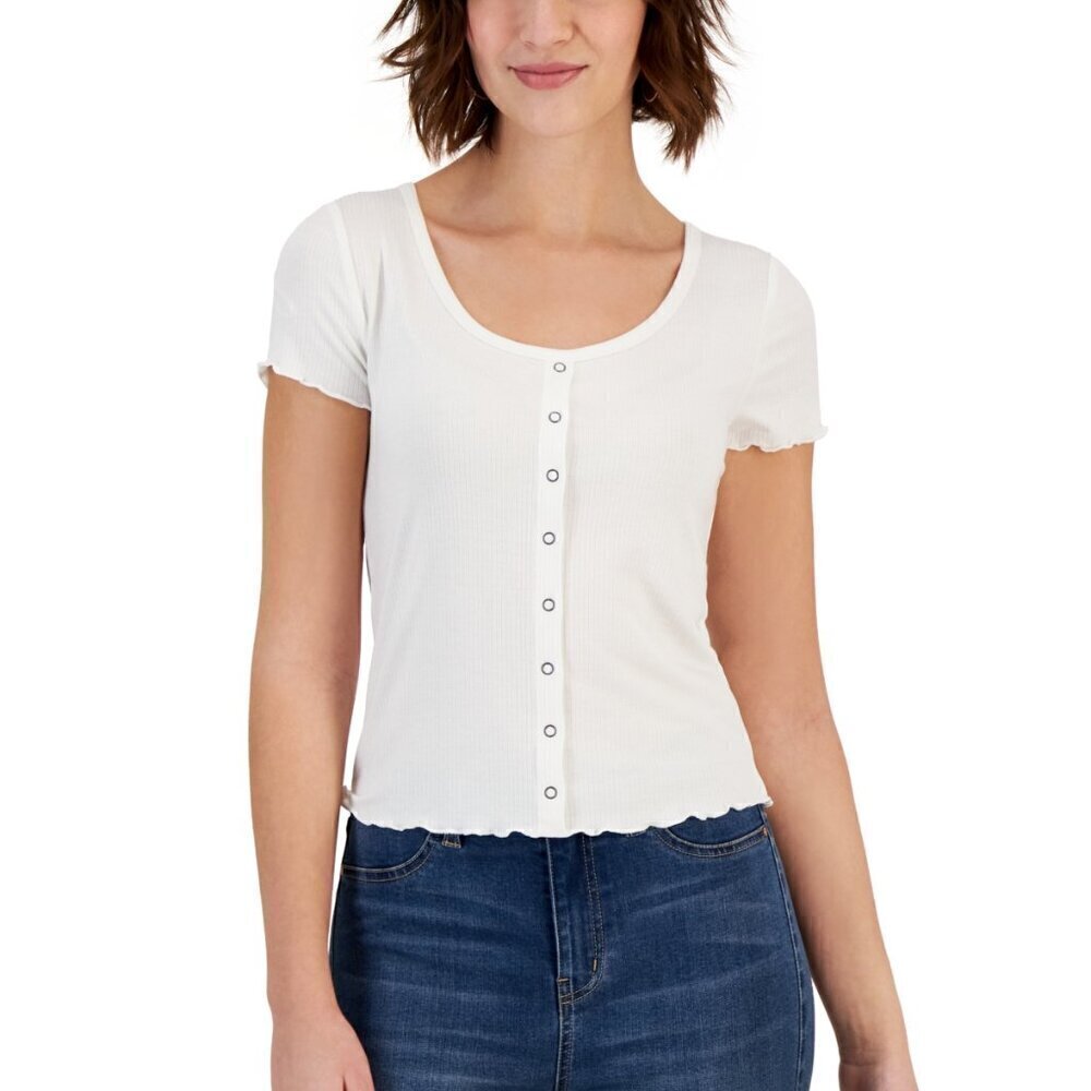 Hippie Rose Juniors' Size Medium White Lettuce-Edge Printed Scoop-Neck Top NWT